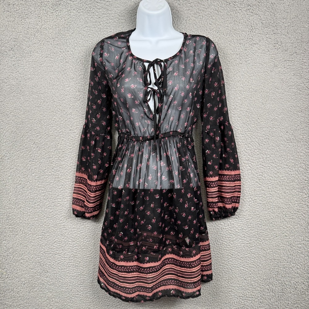 Mudd‎ Dress Womens S Black Mini Sheer Floral Overlay Boho Tie Front Bell Sleeve